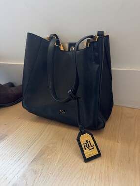 Lauren Ralph Lauren Black Pebbled Leather Tote Bag with Gold Hardware